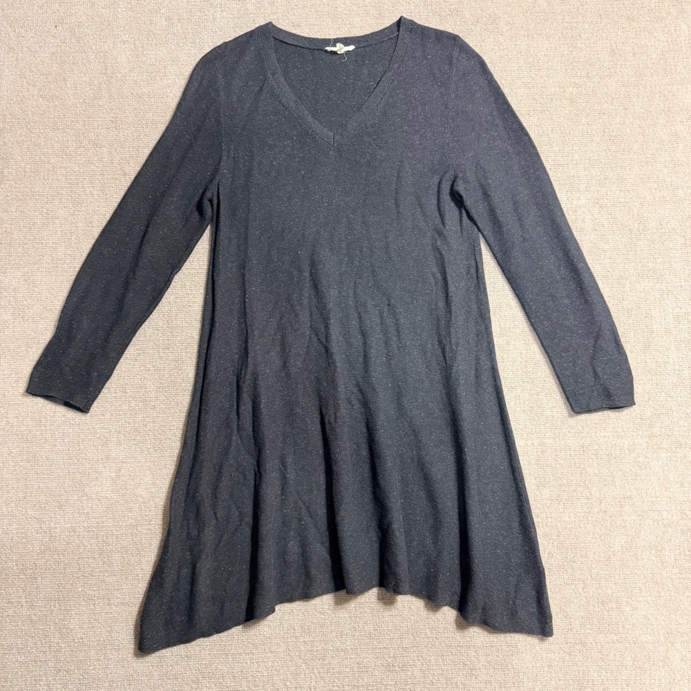 Eileen Fisher Gray‎ V-Neck Tunic Sweater Italian Yarn A-Line Sharkbite Hem Large